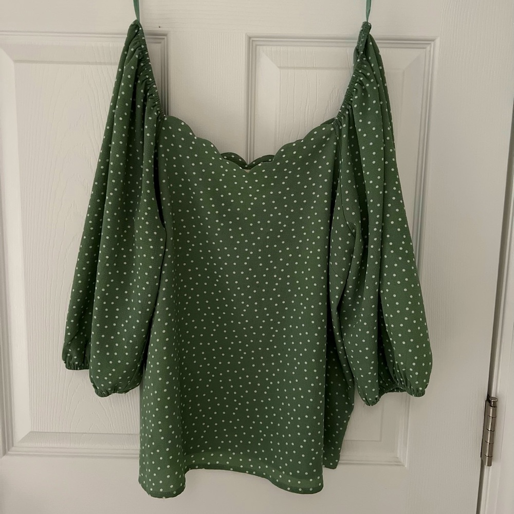 Green polka dot off shoulder blouse